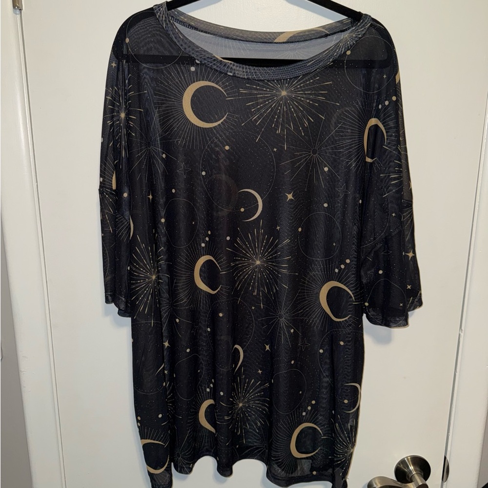 Black and Yellow Celestial Print Mesh Top